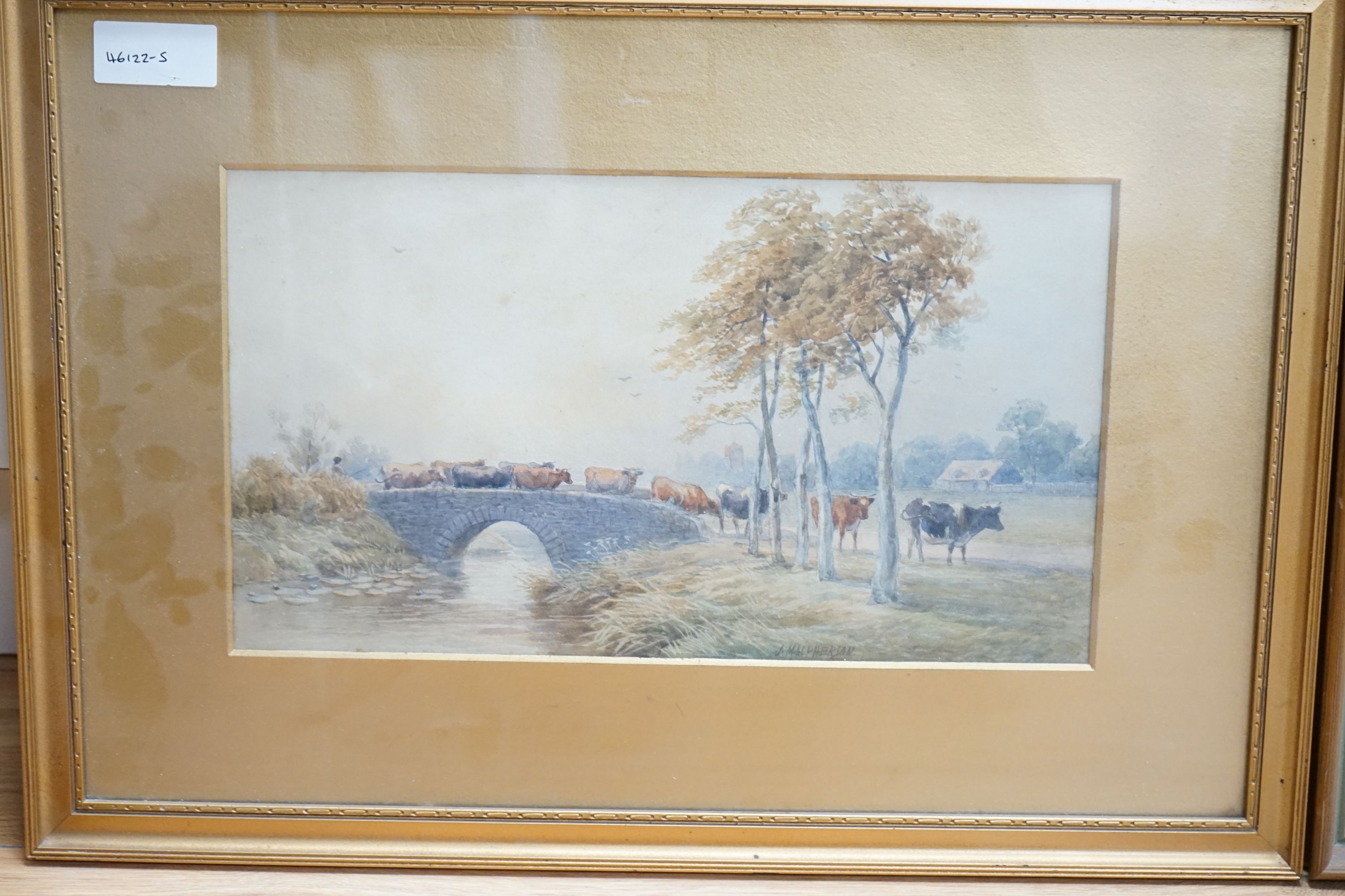 John Macpherson (Scottish, fl.1865-1884), watercolour, Cattle and drover crossing a bridge, signed, 21 x 37cm, with two other watercolours, Riverscape and Figures beside the Thames at Chelsea